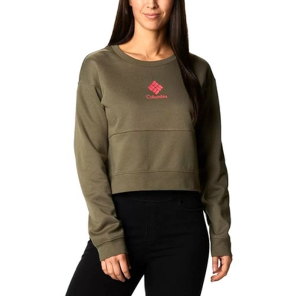 Columbia Trek Cropped Sweatshirt Stone Green With Pink Letters Women's Size XL